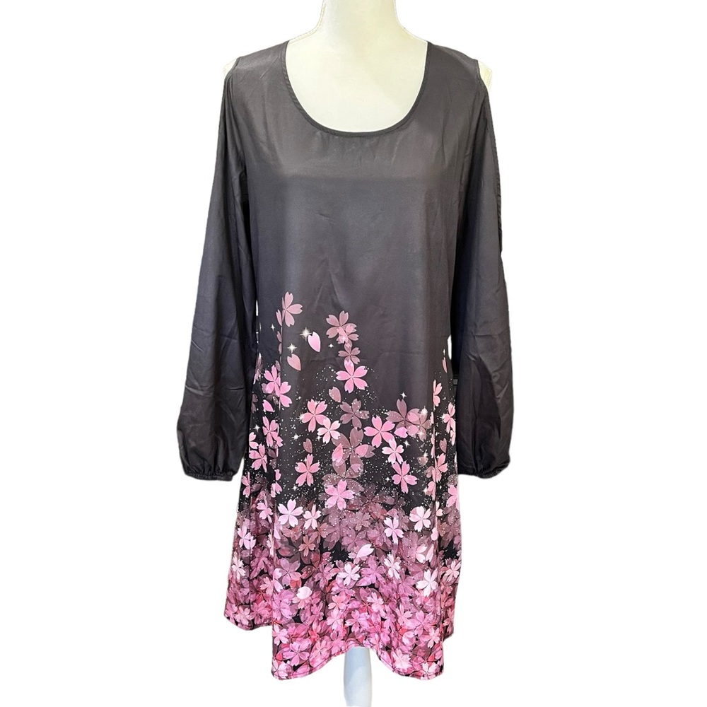 💜SALE💜 NEW Black Pink Floral Cold Shoulder Long Sleeves Dress Size M